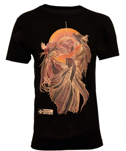 Men's black graphic tee with red and orange fighting fish design. Eco t-shirt by Born Hybrid