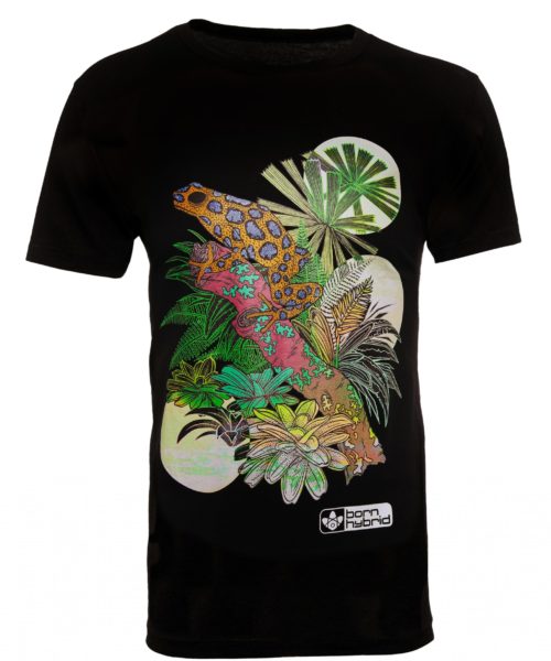 Black graphic tee with colourful poison dart frog design. Men’s/unisex eco t-shirt by Born Hybrid