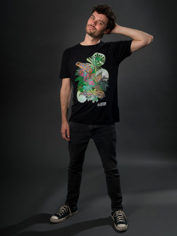 Mens black graphic t-shirt with colourful frog graphic
