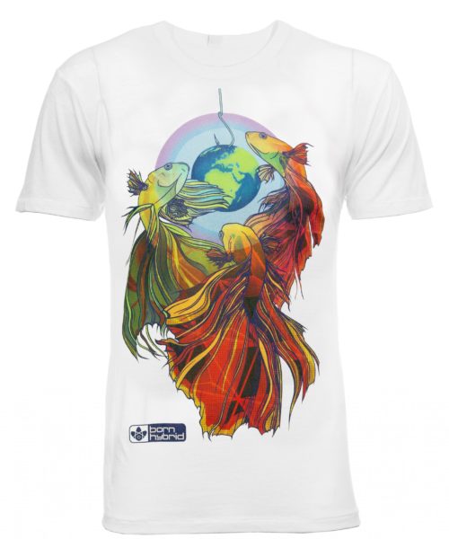 Men's white t-shirt in white with colourful fighting fish design. Eco t-shirt by Born Hybrid