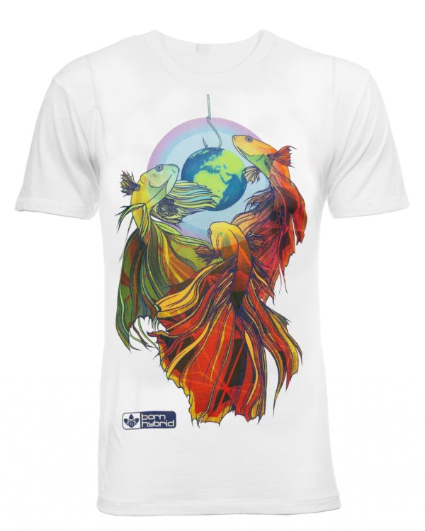 Men's white t-shirt in white with colourful fighting fish design. Eco t-shirt by Born Hybrid
