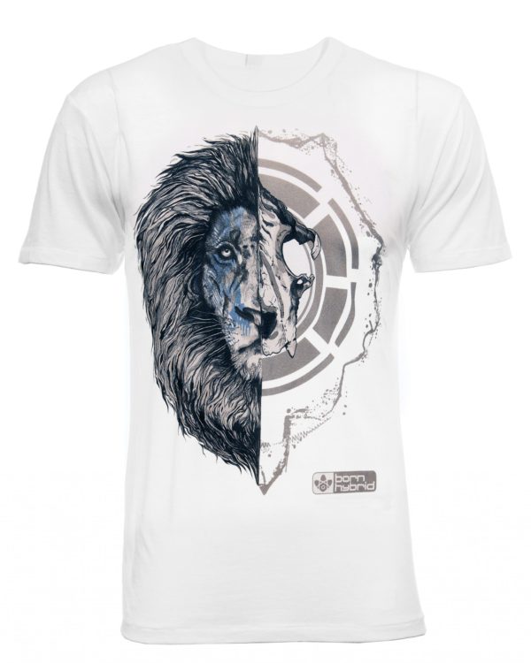 African Lion T-shirt - half lion face, half lion skull. White Graphic Tee In Organic Combed Cotton