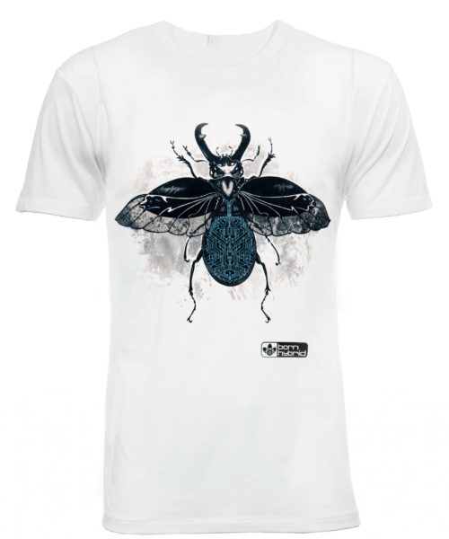White graphic t-shirt in organic combed cotton with a detailed stag beetle design