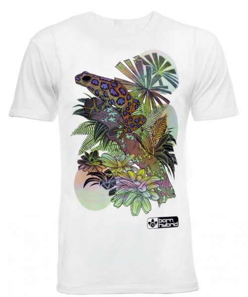 White graphic tee in white with colourful poison dart frog design. Men’s/unisex eco t-shirt by Born Hybrid